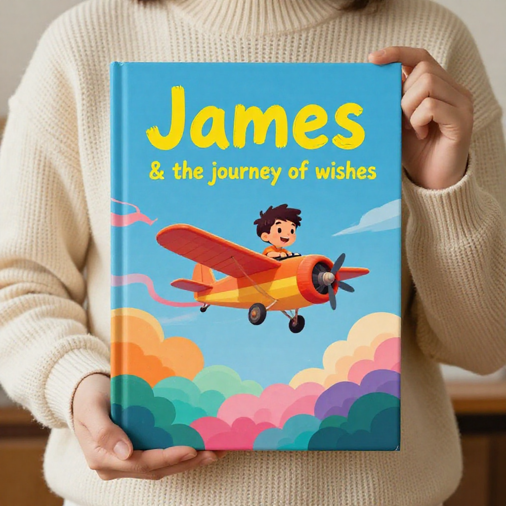 A photorealistic mockup of a person holding a children's boo